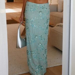 PepperMayo The Corinna Low rise Sequen Floral Maxi Skirt in Seafoam Green. NWT.